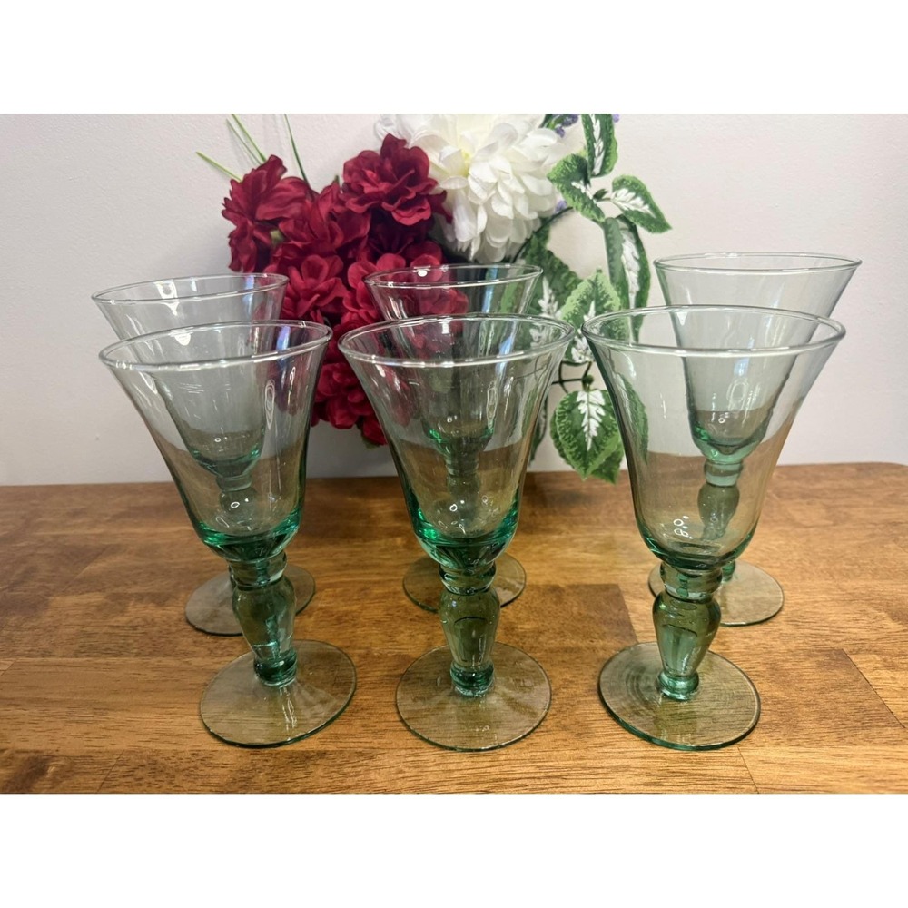 Vintage Hand Blown Green Glass Wine Glasses Set Holiday Barware MCM Bar Cart